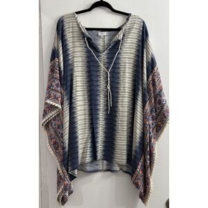 Avenue Plus Size 22/24 Blue Tie Dye Stripe Boho Poncho Top Pom Pom Trim Tassels